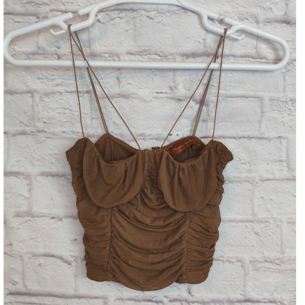 Beige Botany Brown Ruched Mesh Crop Top Jrs Sm Balconette Boho Festival Chic